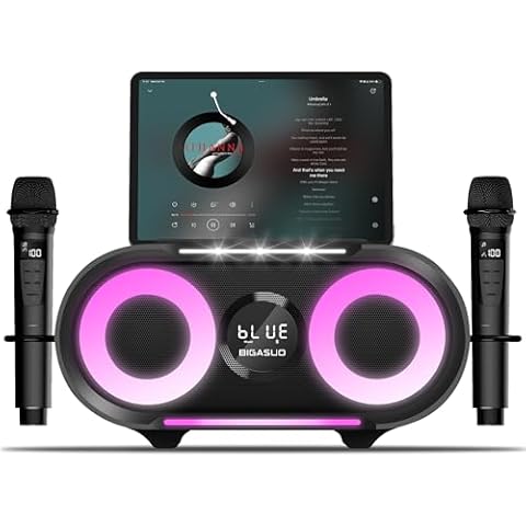 BIGASUO Karaoke Machine with Rich Deep Bass Explosive Flashing Lights for Adults Portable Bluetooth Singing PA Speaker System with 2 UHF Wireless Microphones for Home Party Wedding Outdoor Cover
