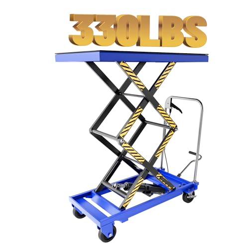 StructoMax Hydraulic Lift Table Cart - Double Scissor Lift Design, 330lbs Capacity, Easy Operation with Locking Swivel Casters - for Material Handling and Transportation, Blue