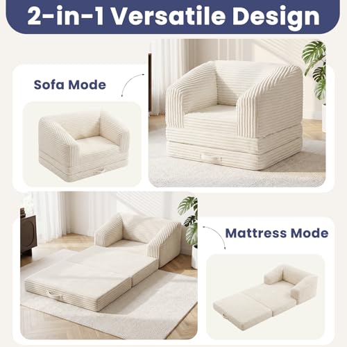 Image of Convertible Sofa Bed, 3-in-1 Foldable Loveseat Couch with Armrest, Corduroy Floor Sofa & Sleeper Bed, No Assembly High-Density Foam Futon Mattress for Living Room, Small Apartment, Dorm