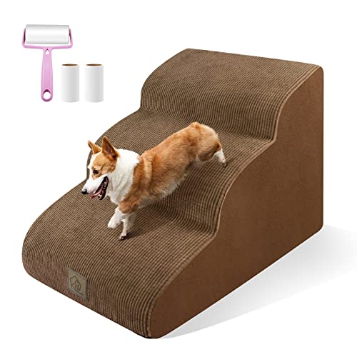 3-Tiers Foam Dog Stairs For High Bed Sofa,High Density Foam Ramp Steps Stairs With Soft Fabric Cover,Slope Stairs Friendly To Pets Joints,Machine Washable Fabric Cover,1 Pcs Lint Roller With 2 Refills #TOP2