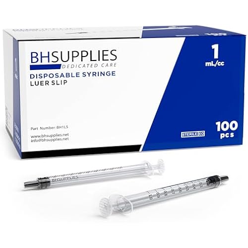 BH Supplies 1mL Luer Slip Tip Syringes (No Needle) - Sterile, Individually Wrapped - 100 Syringes