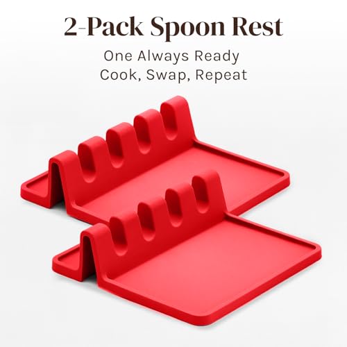 Image of Cooler Kitchen Red Silicone Spoon Rest for Stove Top with Drip Pad (Two Pack) - Heat-Resistant, BPA-Free Utensil Rest & Spoon Holder for Kitchen Counter - Grill Utensil Holder for Spatulas