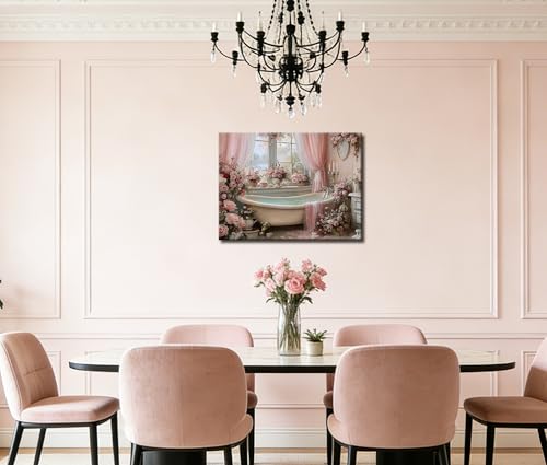 Image of Frimeeme Vintage Pink Bathroom Canvas Wall Art,12x16 Inches