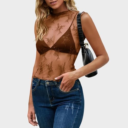BUAUTY Women's Mesh Sheer Lace Tank Top - Sleeveless Mock Neck Floral Y2K Crop Top For Clubwear & Casual Outfits