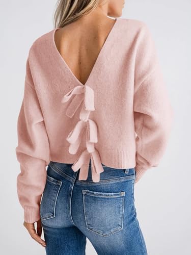 Image of Saodimallsu Womens Bow Sweater Cropped V Neck Long Sleeve Pullover Tops | Soft Cozy Knit, Two-Way Wear Design, Front & Back Bow, Cute Fall Tops 2026, Winter Fashion, Dressy Casual Holiday Outfits
