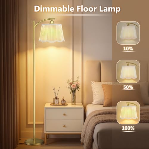 Image of Karjoefar Thickened Gauze Shade Dimmable Arc Floor Lamps for Living Room | 7W Bulb Included, 10-100% Dimmable, 67 inch Tall Vintage Gold Floor Lamp for Bedroom Living Room Office with Metal Base & Pole