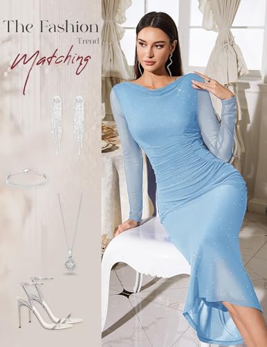 Sequined Blue Wedding Guest Dress for Women Summer Beach Dinners Outfits M — view 5
