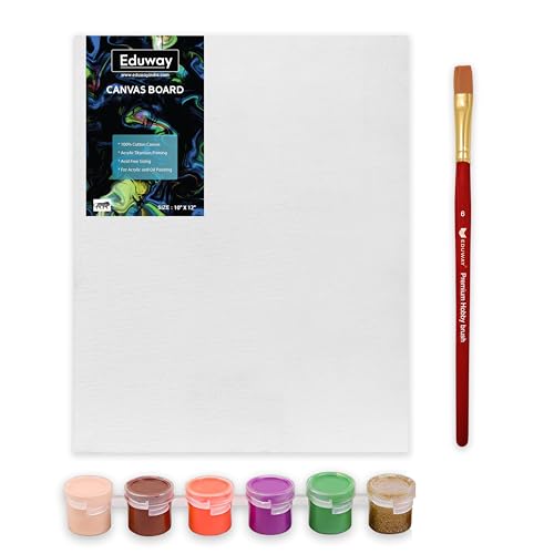 Image of Eduway Canvas Painting Kit - 8x10 Inch (20x25 Cms) Cotton Canvas Board with Watercolor Paints & Brushes | Ideal for Acrylic, Oil, Gouache & Watercolor | for Artists & Beginners