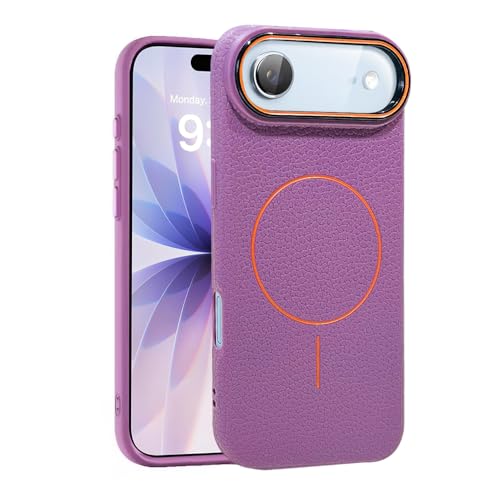 Image of Elzzi Compatible with iPhone 17 Air Case, MagSafe Compatible Magnetic Back Cover, Premium Lychee Texture PC+TPU Case with Soft Velvet Lining, Shockproof Protective Case, Purple