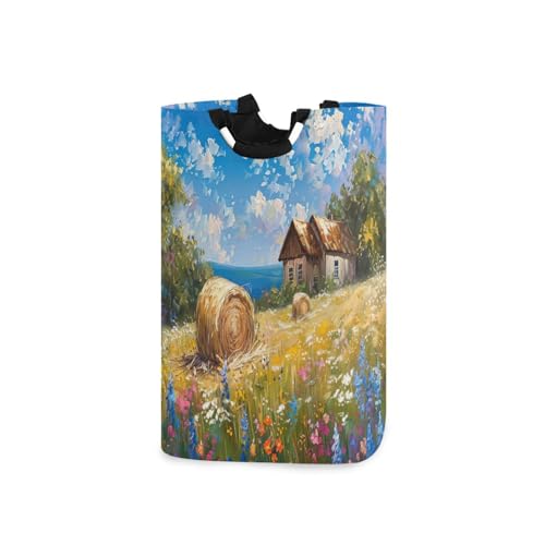 Jihqo Laundry Hamper Basket Beautiful Countryside House Collapsible Nursery Storage Bin Waterproof Clothing Baskets for Home Bedroom Bathroom Washing Room