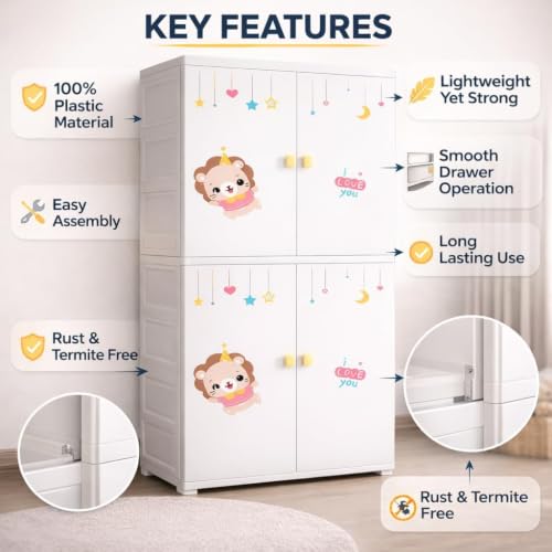 Image of Kids Plastic Collapsible Wardrobe Organizer for Storage with Drawers | Cute Cartoon Design | Heavy Duty Runner Rug Floor Mat Carpets Organizer Bedroom, Living Room (Hm-Lion, 4-Door)