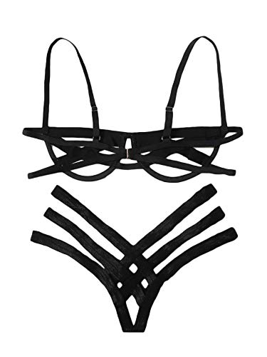 SheIn Women's Sexy Ladder Cut Out Lingerie Set Push Up Two Piece Bra and Panty Large Black