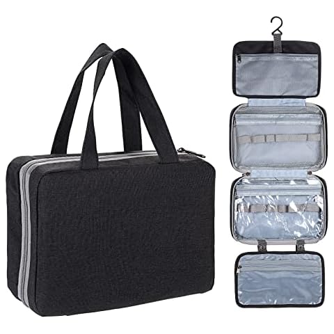 IGNPION Hanging Travel Toiletry Bag Foldable Wash Bag for Women and Men Gym Shaving Organiser Bag Travel Cosmetic Make Up Bag with 4 Compartments, Black Cover