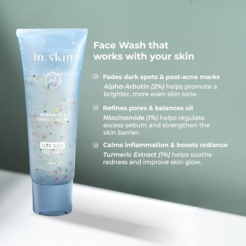 Image of in.skin Ever Glow Face Wash with 2% Alpha Arbutin, 1% Niacinamide & Turmeric Extract, Brightening Cleanser for Dark Spots & Dull Skin, 120 ml