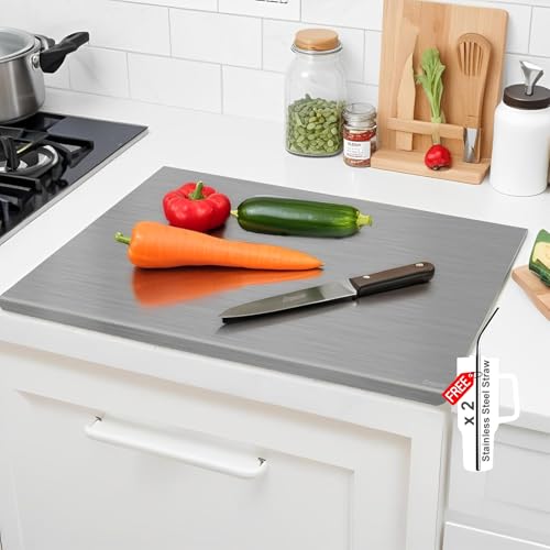 Image of 304 Stainless Steel Chopping Board with Lip for Kitchen | With 2 Steel Straw | Both Sides Usable |Perfect Edges | For Cutting, Chopping Vegetables, Meat, Fish, Fruits |Easy to Wash |Medium |40 x 32 cm