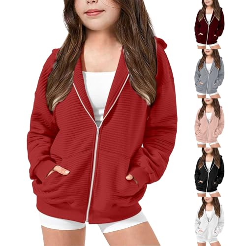 Girls Zip Up Hoodies Cute Hooded Jacket Pockets Kids Plain School Hoodie Fall Winter Soft Athletic Sweatshirts
