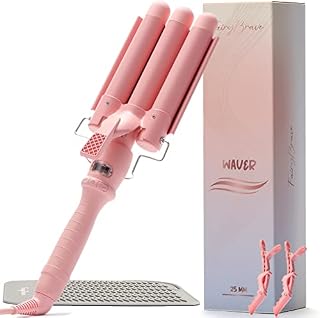 3 Barrel Curling Iron, Triple Hair Waver Wand for Beach Waves, Ceramic Tourmaline Wave Crimper with Adjustable Temperature - 25mm Beach Waves, Pink