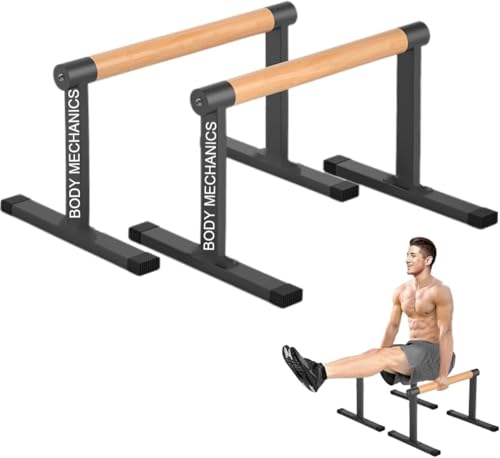 Image of Body Mechanics Premium Wooden Parallettes for calisthenics | Lightweight and Solid Wood, Street Workout & Fitness Training | Pump Handle, Non-Slip and Portable (Black - brown - 13)
