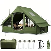 Afitdon Inflatable Camping Tent with Opening for Fireplace and Skylight, Inflatable Tent for 2 to 10 People with Air Pump, Inflatable Tent in Waterproof Oxford Fabric for All Seasons