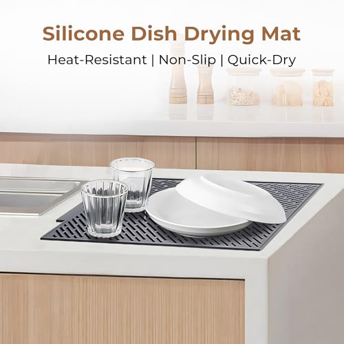 Image of HomeEssentials Silicone Dish Drying Mat for Kitchen - Large Size Utensil & Dish Drainer Mat with Built-in Drain Lip, Non-Slip Countertop Protector, Heat Resistant Sink Drying Pad
