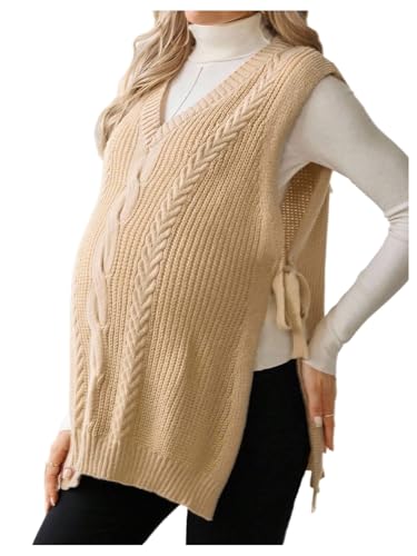 MakeMeChic Women's Maternity Cable Knitted Sweater Vest Sleeveless V Neck Tie Side Pregnancy Tops Khaki Small