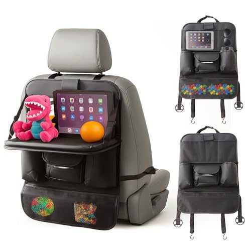 LN COZY CORNER Car Seat Organizer for Kids, Backseat Car Organiser with Tablet Holder, Kick Mat Protection and 9 Storage Pockets, Car Travel Accessories – Black (With Table)