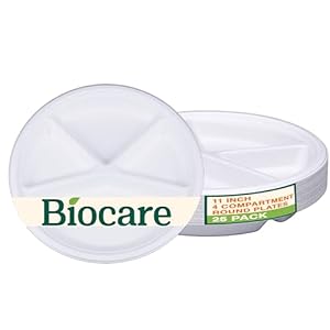 [11 Inch 4 Compartment Round Plate [25 Pack] 100% Compostable Sugarcane Bagasse [PFAs free] Heavy Duty, Eco-Friendly, Biodegradable, Disposable 11 Inch 4 Compartment Round Plate Tray Plate