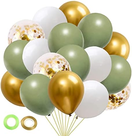 Sage Green Gold White Party Balloons, 50Pcs Sage Green and Gold Confetti Party Balloons For Birthday Baby Shower Engagement Wedding Anniversary Party Decorations