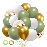 Sage Green Gold White Party Balloons, 50Pcs Sage Green and Gold Confetti Party Balloons For Birthday