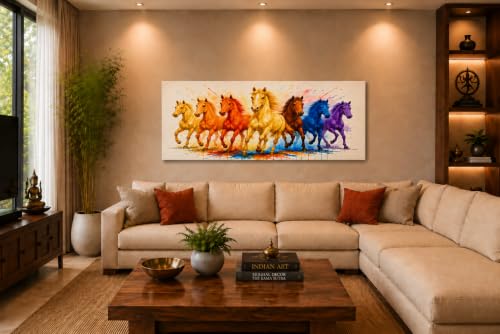 Image of 7 Horse Vastu Sunrise Canvas Painting | Positive Energy Wall Decor | Big Size Premium Running Horses Artwork for Home, Office & Hall Decoration (Modern, Yellow Horse, 44x20 Inch)