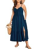 SCOMCHIC Womens Plus Size Summer Maxi Sun Dress Spaghetti Strap Tie Front Smocked Ruffle Split Casual Boho Beach Dresses Lake Blue