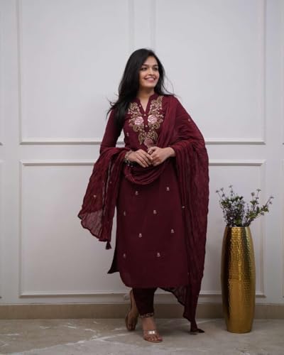 Image of Women's Cotton Embroidery work Straight kurti with Pant & mulmul dupatta set