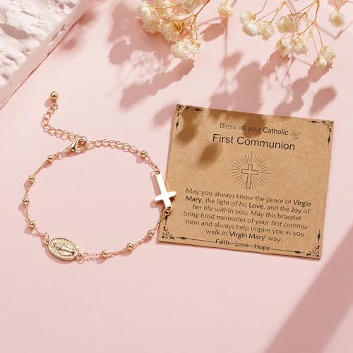 Image of Catholic Virgin Mary Cross Bracelet Gifts for Girls Teens Women, Rosary Beads Charm Link Chain Bracelet Easter First Communion Confirmation Baptism Religious Jewelry Gifts
