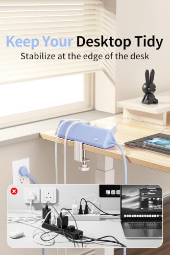 Image of 6.5 FT Desk Clamp Power Strip with 5 AC Outlets & 6 USB Ports PD 40W USB-C Fast Charging, Extension Cord with Multiple Outlets, Fits 2.1 in top Edge Blue