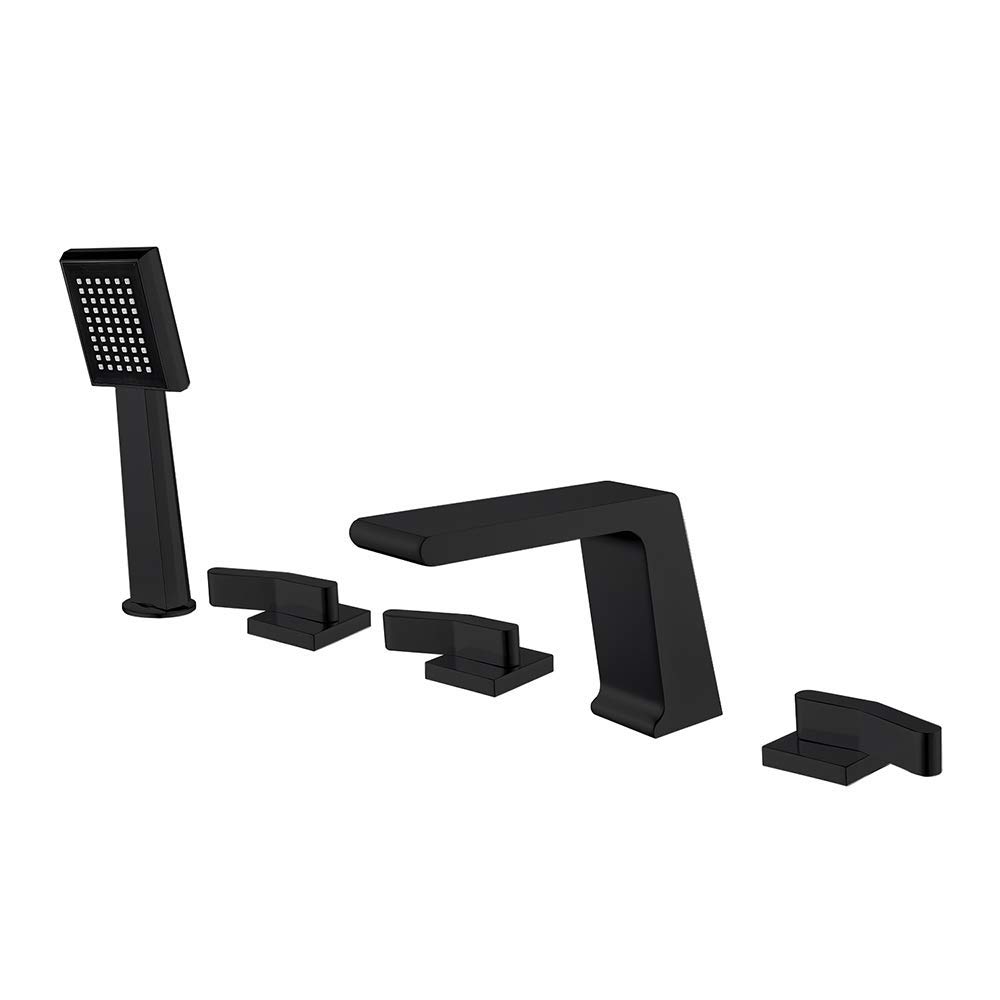 AYCDL Waterfall Tub Filler Faucet with Handheld Shower Head, Widespread Tub Faucet Set Deck Mount Bathtub Faucet 5 Holes Tub Tap for Bathroom,Black,Chrome,Black