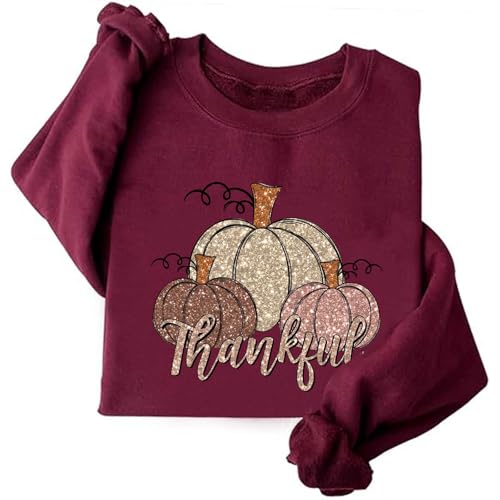 Image of TONGCHEN Thankful Pumpkin Sweatshirt Fall Autumn Thanksgiving Sweatshirts for Women Gift Holiday (US, Alpha, Large, Regular, Regular, Wine Red)