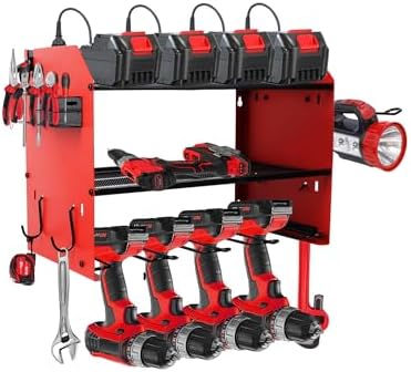 Power Tool Organizer wtih Charging Station，3 Layers Storage Rack with Screwdriver Rack 6 Drill Holders 8 Outlets Max Load 110lbs，for Workshop Garage Organizers and Storage Tool Battery Holder (red)