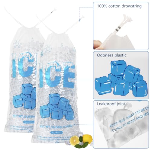 Image of 100 PACK 20 lb. Plastic Ice Bags with Cotton Draw String 14 x 28 Inch Heavy-Duty Plastic Ice Storage Bags with Draw String (2.8mil Thickness, Ice Cube pattern)