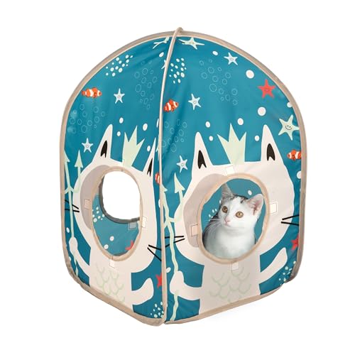 Image of Kitty City Ocean-Themed Pop-Up Cat House, Collapsible Indoor Cat Hideout with Peekaboo Openings, Lightweight Foldable Kitty Play Furniture for Play & Lounging