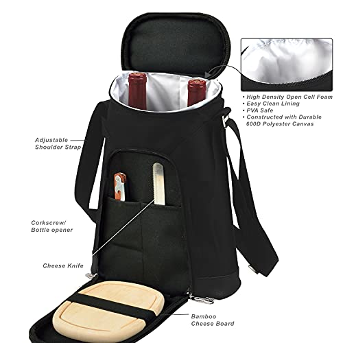 Picnic at Ascot Personalized Monogrammed Stylish 2 Bottle Insulated Wine Tote Bag with Cheese Board, Knife and Corkscrew