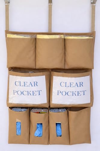 Image of It's Sew EZ Personal Protection Equipment (PPE) Isolation Door Caddy - 9 Pockets - NFPA-701 Fire Retardant Nylon Oxford with Three Stainless Steel Hooks included (Tan, Large 9 pockets)