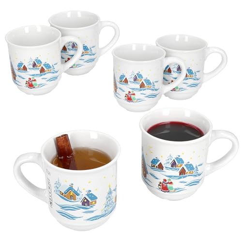 MamboCat Lot de 6 tasses à vin chaud 0,2 l blanc avec paysage de Noël coloré I tasses à vin chaud classiques en céramique I calibrées I Idéal pour le marché de Noël