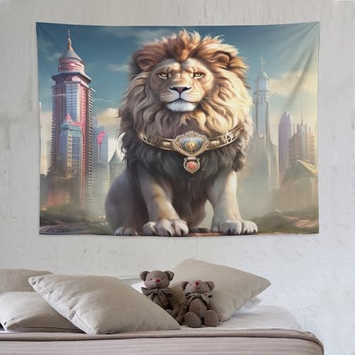 Tapisserie lion PAZZK 150×200cm en polyester pour déco murale salon