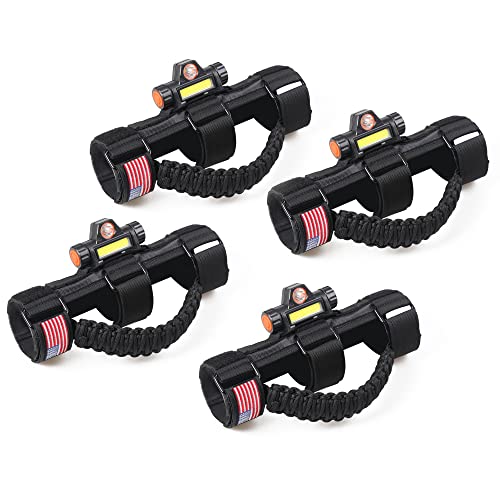 sukemichi Handles Grab Roll Bar Grab Handles with Light for Jeep Wrangler Accessories TJ JK JL YJ Unlimited Rubicon Sahara 2 Door 4 Door Jeep Gladiator JT, Rechargeable Dome Light, Black, 4 Pack