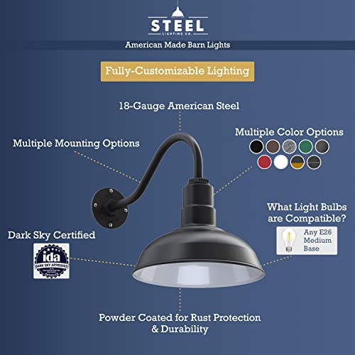 Steel Lighting Co. Westchester Barn Light | Outdoor Wall Mounted | 12 Inch Dome | Upslope Gooseneck| Warehouse Steel Light Made In America | Matte Black Exterior/Brass Interior #TOP2