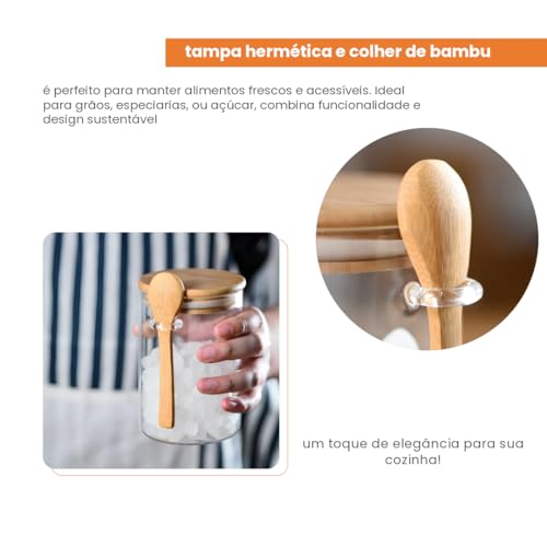 Pote de Vidro Redondo 600ml com Tampa Hermética de Bambu e Colher Ideal para Café Grãos e Temperos