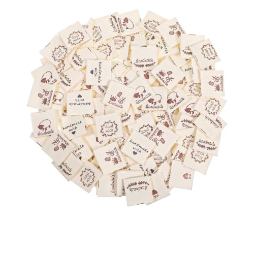 DOPENSPI Lot de 100 étiquettes en tissu faites à la main, étiquettes en tissu beige faites à la main, étiquettes textiles faites à la main, étiquettes...