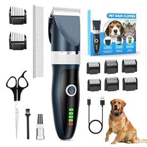 ETROBOT Dog Clippers, Dog Grooming Kit Clippers, Rechargeable Cordless Pet Clippers LED Display, Low Noise Electric Pet Clippers Professional for Thick Hair with 8 Combs for Dogs Cats