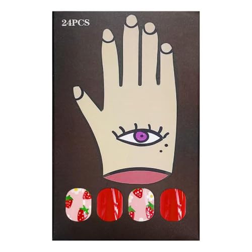 Image of Red Press on Nails Strawberry Fake Nails Short Square False Nails with Design Nude Glue on Nails Acrylic Full Cover Glossy Stick on Nails for Women Girls Spring Manicure 24Pcs