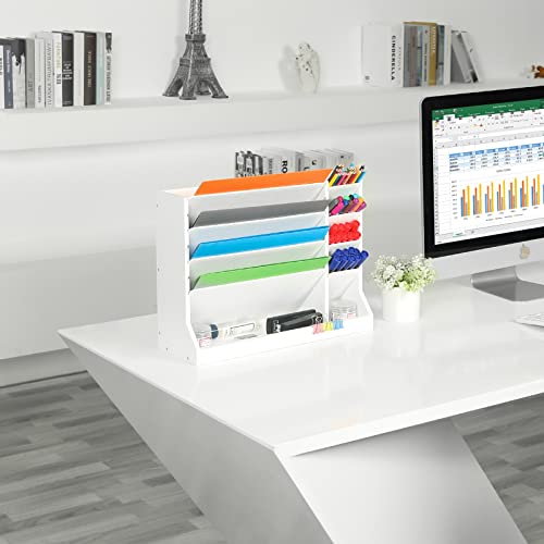 X-Cosrack Wooden Hanging File Organizer 4-Tier Vertical Holder Rack Desktop Organizer With Pencil Storage And Bottom Flat Tray For Office Home Countertop White #TOP5